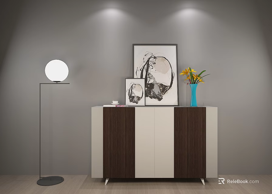Modern Two Tone Entryway Console Cabinet with Wood Grain Decorative Painting Vase and Floor Lamp 3d model 