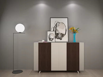 Modern Two Tone Entryway Console Cabinet with Wood Grain Decorative Painting Vase and Floor Lamp 3d model