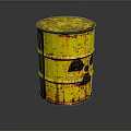 Rusty Yellow Radioactive Barrel With Radiation Warning Symbol On Dark Surface