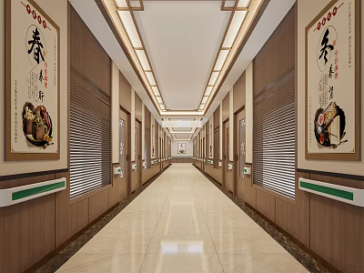 Elevator Hallway with Wooden Walls Traditional Paintings Ceiling Lights Green Handrails And Light Tiled Floor 3d model