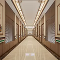 Elevator Hallway with Wooden Walls Traditional Paintings Ceiling Lights Green Handrails And Light Tiled Floor