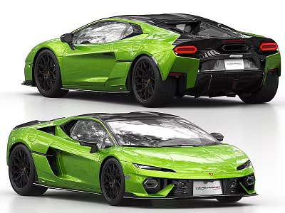 Green Lamborghini Revuelto Sports Car With Black Wheels Front Rear Views 3d model