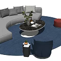 Curved Gray Sofa Coffee Table Set Featuring Round Table Red Blue Accent Chairs Blue Rug 3d model