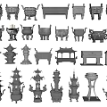Traditional Garden Ornaments Collection Featuring Tower Shaped Incense Burners And Pavilion Designs