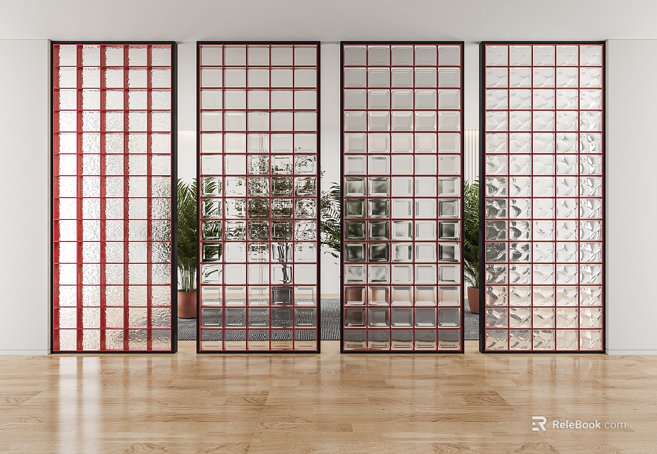 Red Frame Glass Room Dividers With Grid Pattern And Indoor Plants On Wooden Floor 3d model 