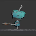 Blue Robot With Big Round Eyes And Antennas Standing On Checkerboard Platform Holding Frying Pan