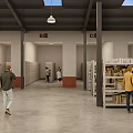 Spacious Open Market Interior With Rows Of Shelves Hanging Signs And People Shopping