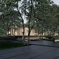 Modern Garden Landscape With Wooden Structure Water Pool And Stone Platform