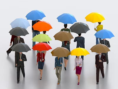 Group of People Walking With Various Colored Umbrellas in Open Space 3d model