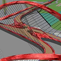Modern Red Arch Bridge With Multiple Curved Structures Spanning Road Green Area And Water