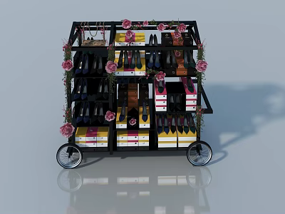 Shoe Rack Cart With Swing Doors Multiple Shelves Shoes And Pink Flower Decorations 3d model