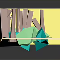 Vibrant Low Poly Cartoon Jungle Scene with Brown Trees Green Plants and Sandy Ground