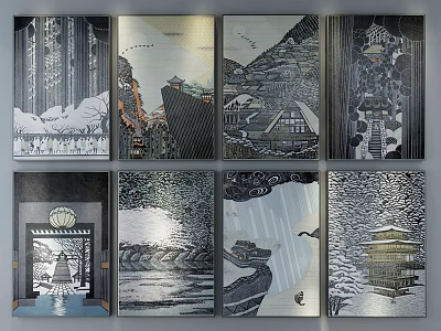 Traditional Japanese Landscape Paintings With Mountain Scenes Temple Architecture Snowy Views And Rainy Landscapes 3d model