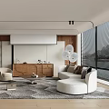 Modern Living Room Interior Design With Sofa Armchairs Area Rug Fireplace TV Cabinet Pendant Lights