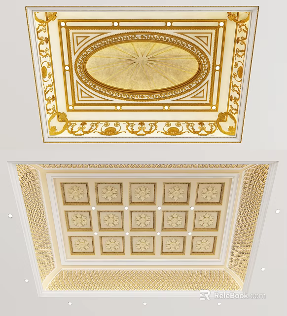 Ornate Golden Ceiling Design Featuring Circular Medallion And Square Grid Patterns 3d model
