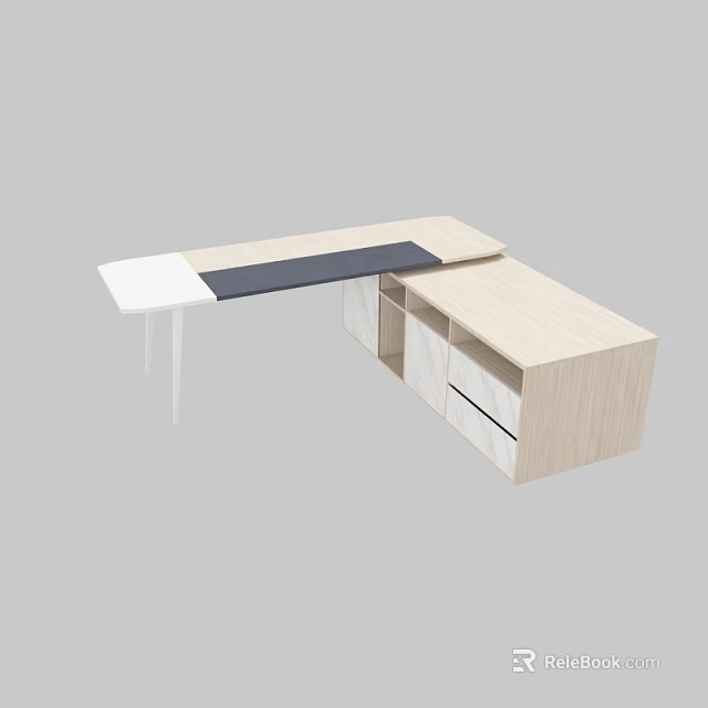 Modern L Shaped Office Desk With Wooden Surface And Storage Compartments 3d model 