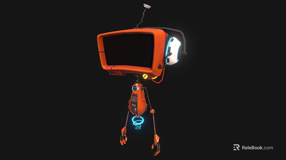 Orange Robot Character With TV Head Black Screen White Face Antenna And Mechanical Legs 3d model 