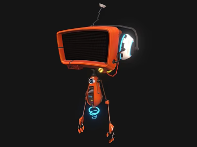 Orange Robot Character With TV Head Black Screen White Face Antenna And Mechanical Legs 3d model