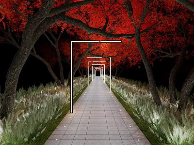 Paved Pathway With Illuminated Street Lamps Red Leaf Trees And Grass Landscaping 3d model