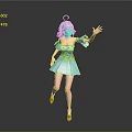 Game Movie Character With Teal Blue Hair Purple Accessory In Blue Dress Waving Lively