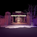 Cartoon Narnia Night Scene With Castle Gates Snowy Ground And Illuminated Sign