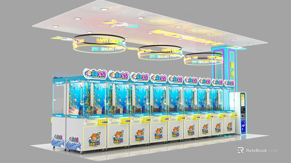 Claw Machine Store With Multiple Colorful Crane Machines And Bright Ceiling Lights 3d model 