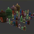 Various Glass Bottles In Different Sizes Colors With Labels On Dark Background 3d model