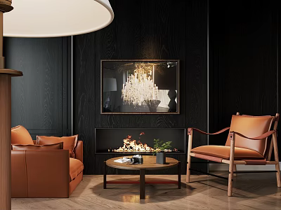 Casual Sofa Set With Leather Armchair Fireplace And Wooden Coffee Table In Dark Living Room 3d model