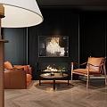 Casual Sofa Set With Leather Armchair Fireplace And Wooden Coffee Table In Dark Living Room