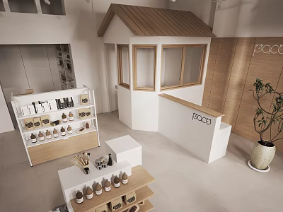 Modern Minimalist Specialty Store With Wooden Roof Display Shelves PEACE Counter And Potted Plant 3d model