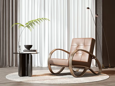 Brown Leather Leisure Chair With Curved Metal Arms In Modern Living Room Setup 3d model