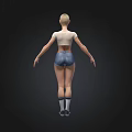3D Character Model Standing in White T-Shirt Denim Shorts Blue Socks Sneakers on Black Background