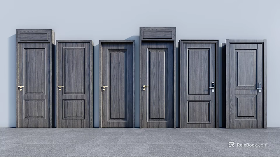 Various Dark Wooden Hinged Doors With Different Panel Styles And Metal Handles 3d model