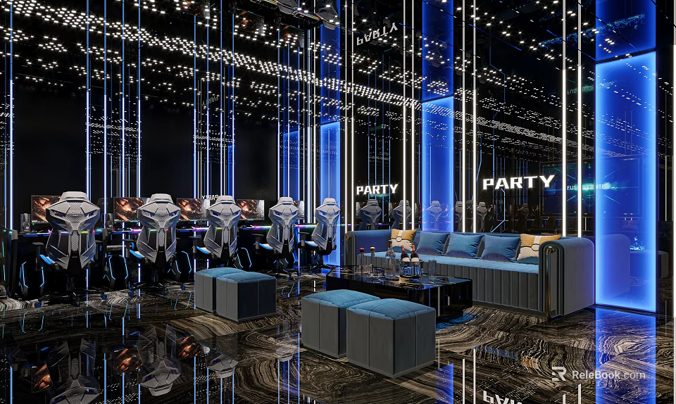 Hi Tech Modern Party Bar Interior With Blue Lighting Sofas And Mirror Decorations 3d model 