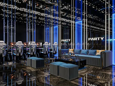 Hi Tech Modern Party Bar Interior With Blue Lighting Sofas And Mirror Decorations 3d model