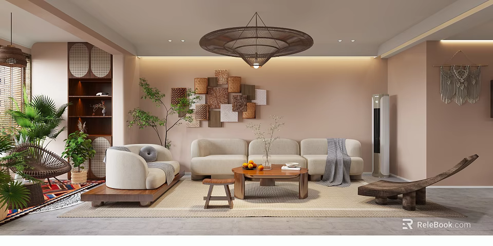Cozy Modern Living Dining Room Interior Design With Chandelier Decorative Wall Art And Green Plant 3d model 