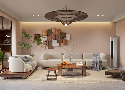 Cozy Modern Living Dining Room Interior Design With Chandelier Decorative Wall Art And Green Plant 3d model