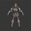 Man In Medieval Armor With Blue Tunic Yellow Sun Patterns Red Pants And Guards