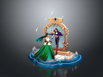Enchanted Scene Setup With Ornate Mirror Two Characters Candles Feathers And Blue Platform 3d model
