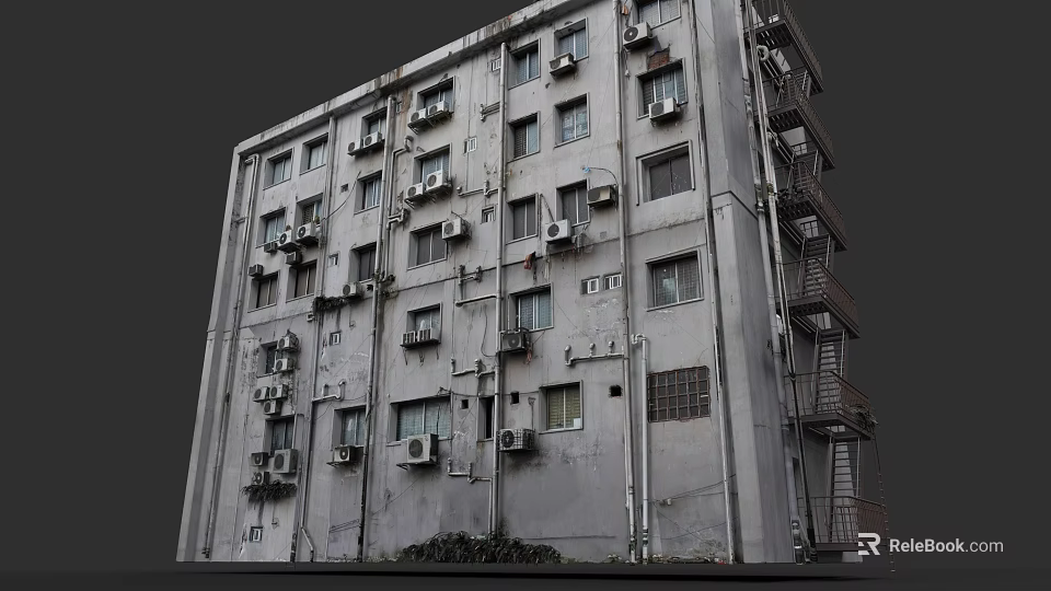 Old Weathered Residential Building Exterior With Multiple Air Conditioners And Windows 3d model 