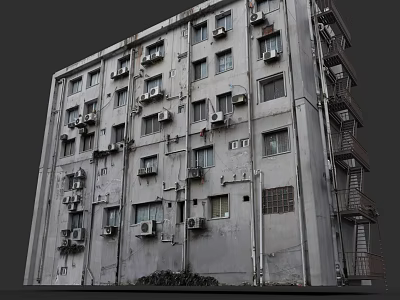 Old Weathered Residential Building Exterior With Multiple Air Conditioners And Windows 3d model