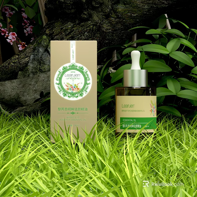 Organic Essential Serum With Herbal Box And Fresh Green Grass Plants 3d model 
