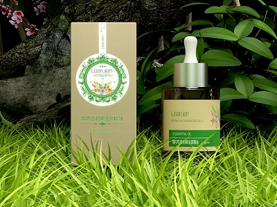 Organic Essential Serum With Herbal Box And Fresh Green Grass Plants 3d model