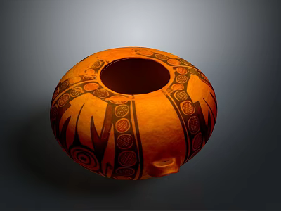 Traditional Orange Handcrafted Pottery with Intricate Black Patterns and Round Opening 3d model