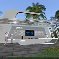 People Interacting At Modern Outdoor Charging Station With Digital Screens Greenery And Palm Trees