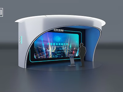 Tech Exhibition Hall With Curved Booth Large Interactive Screen And Futuristic Visuals 3d model