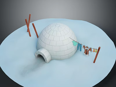 Traditional Igloo Structure Made Of Ice Blocks With Clothesline And Hanging Clothes On Snowy Ground 3d model