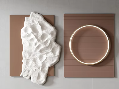 White Textured Rock Shaped and Gold Circular Ring Wall Decor on Brown Panels 3d model