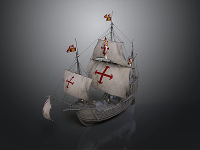 Historical Sailing Ship With Red Cross Flags And Spanish Flags On Wooden Hull 3d model