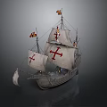 Historical Sailing Ship With Red Cross Flags And Spanish Flags On Wooden Hull